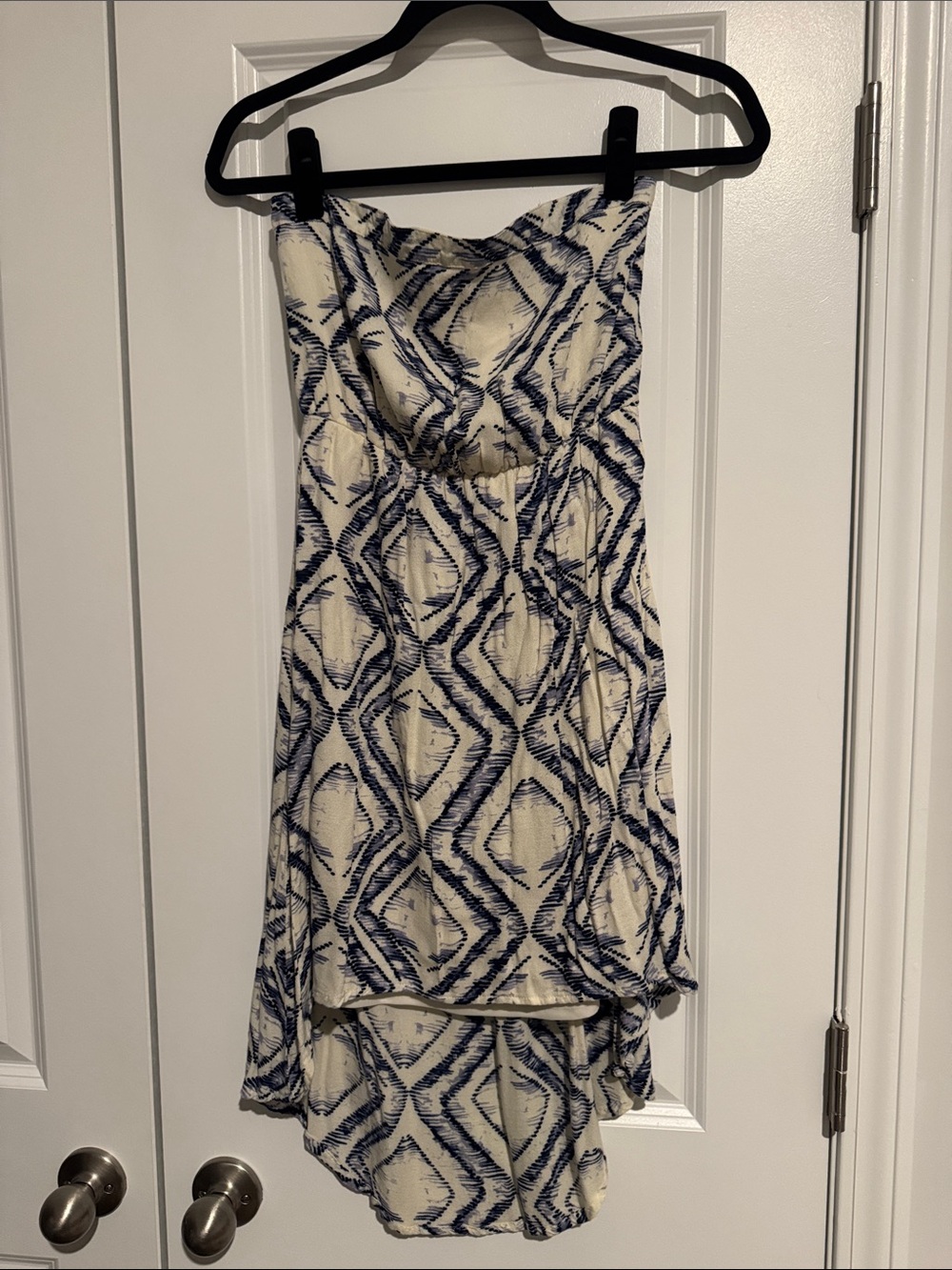 O'Neill Strapless Cream and Blue Ikat High-Low Dress